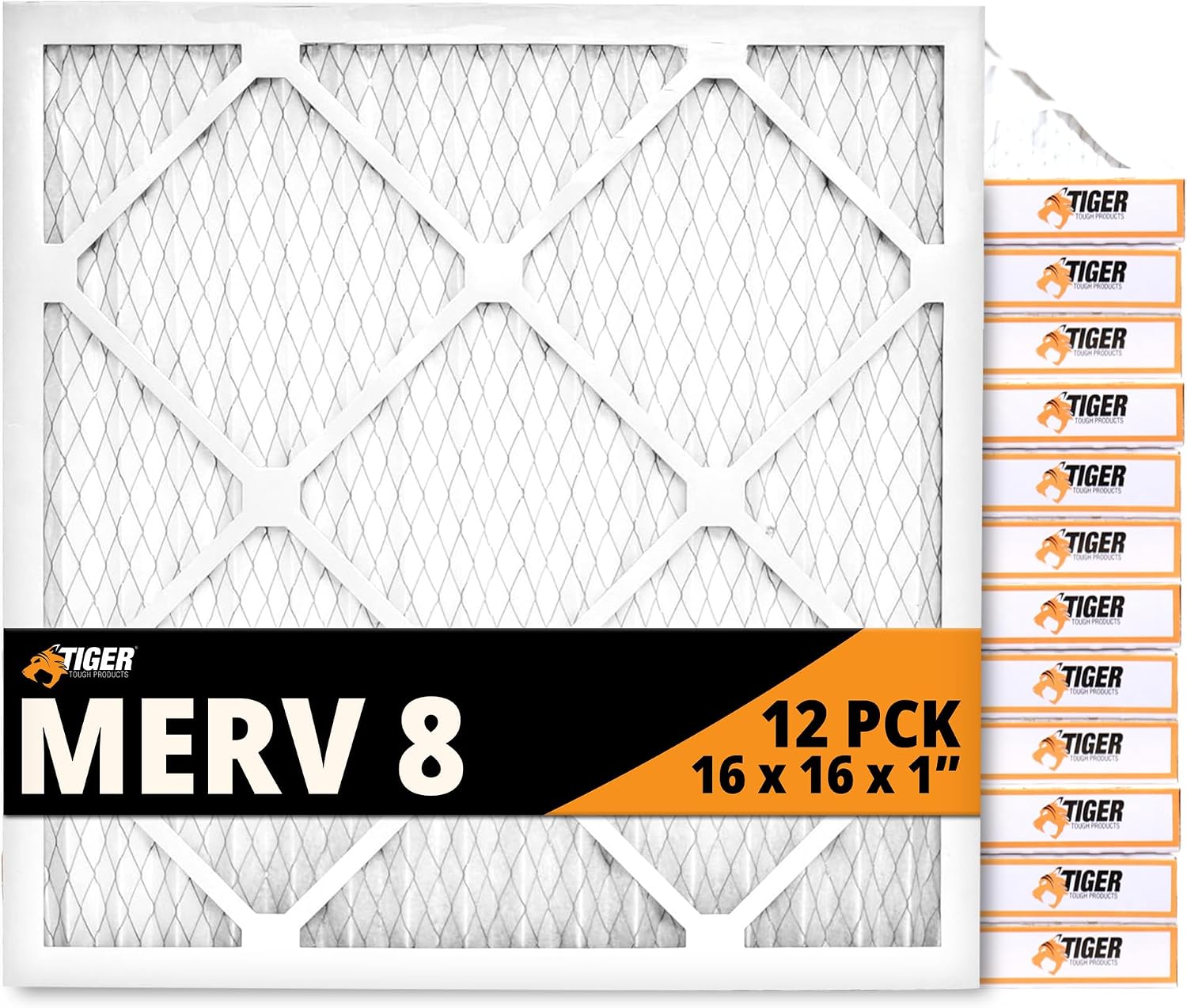 16x16x1 MERV 8 Air Filter, Pleated HVAC Furnace & AC Filter, 12-Pack
