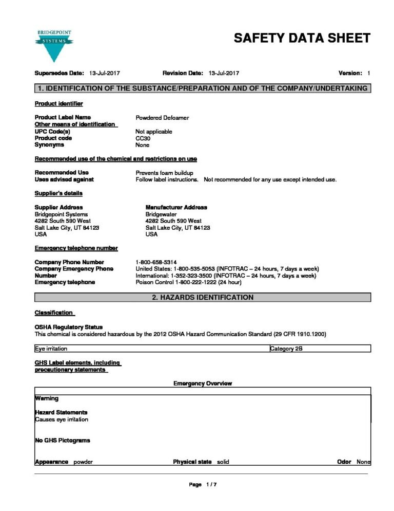 POWDERED DEFOAMER - Cleaner's Depot - BridgePoint 1685-1723