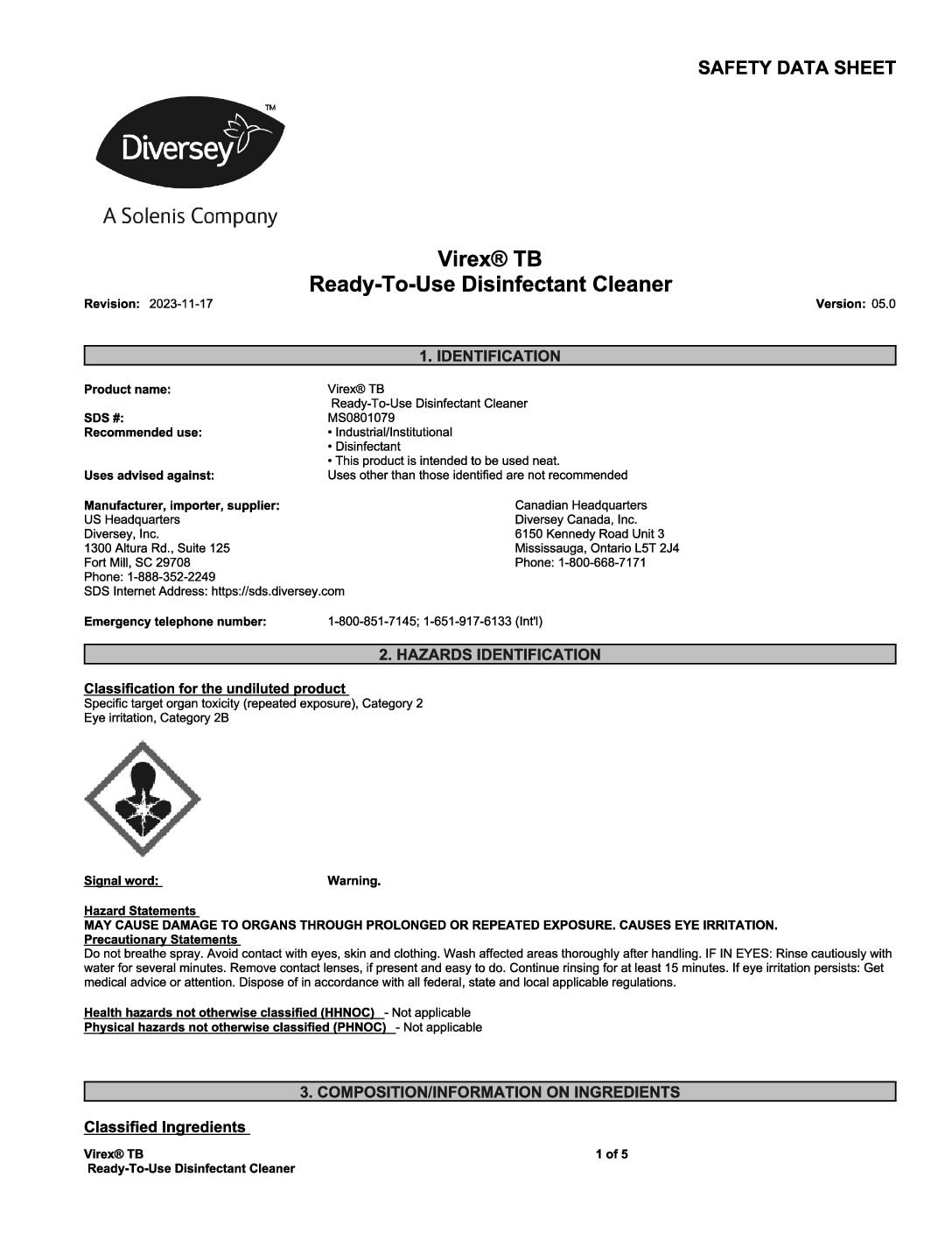 Diversey Virex Tb Ready To Use Disinfectant Cleaner Cleaners Depot